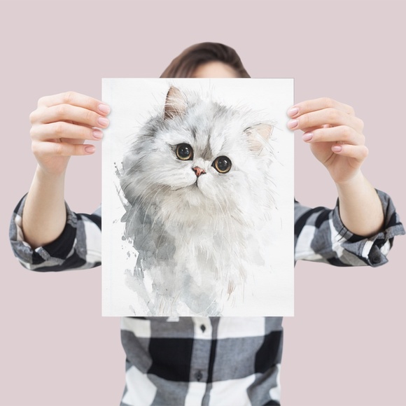Watercolor White Persian Cat Portrait Wall Art Print Poster, Unframed - Picture 4 of 6